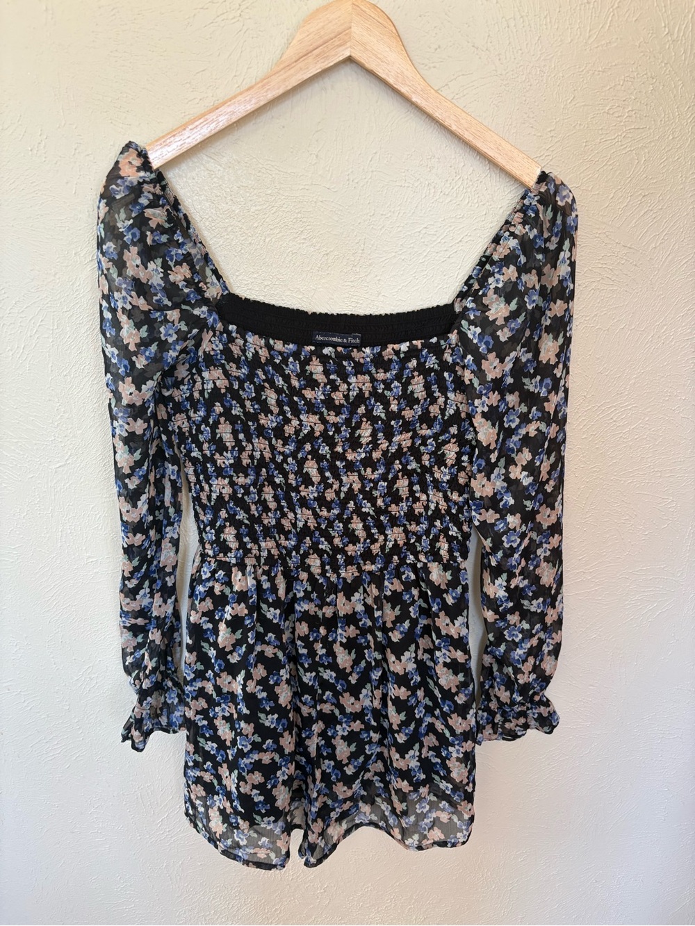 Abercrombie & Fitch Black Floral Smocked Romper with Blue and Peach Accents
